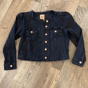 GAP Women's Dark Grey/Black Cropped Puff-Shoulder Jean Jacket